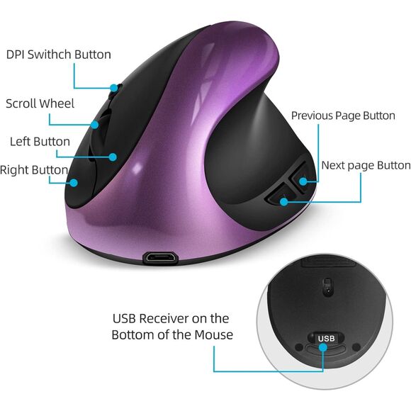Woddlffy Ergonomic Mouse Wireless,Rechargeable Vertical Mouse Right Handed mouse - Picture 6 of 6